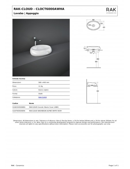 Lavabo da appoggio modello Cloud di Rak Ceramics cm 58x40 colore bianco