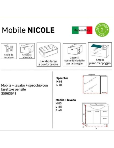 NICOLE MOBILE BAGNO CON PIEDINI 85 CM