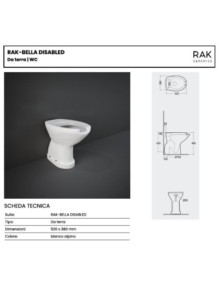 Rak Bella vaso per disabili comfort con apertura
